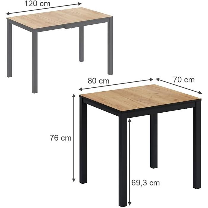 Розсувний обідній стіл Vicco Esstisch Granny, 120 x 70 см (дуб/антрацит), 80-120 x 76 x 70 см
