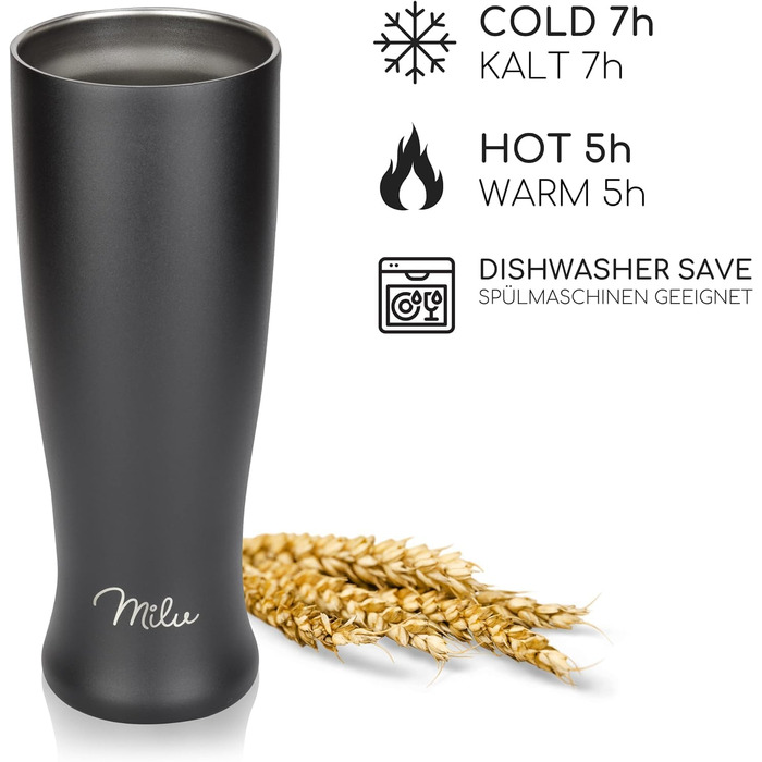 Термокухоль для пива Milu Weizenbierglas 500 мл з нержавіючої сталі з кришкою, чорний (+гравірування) - подарунок для чоловіків, тата