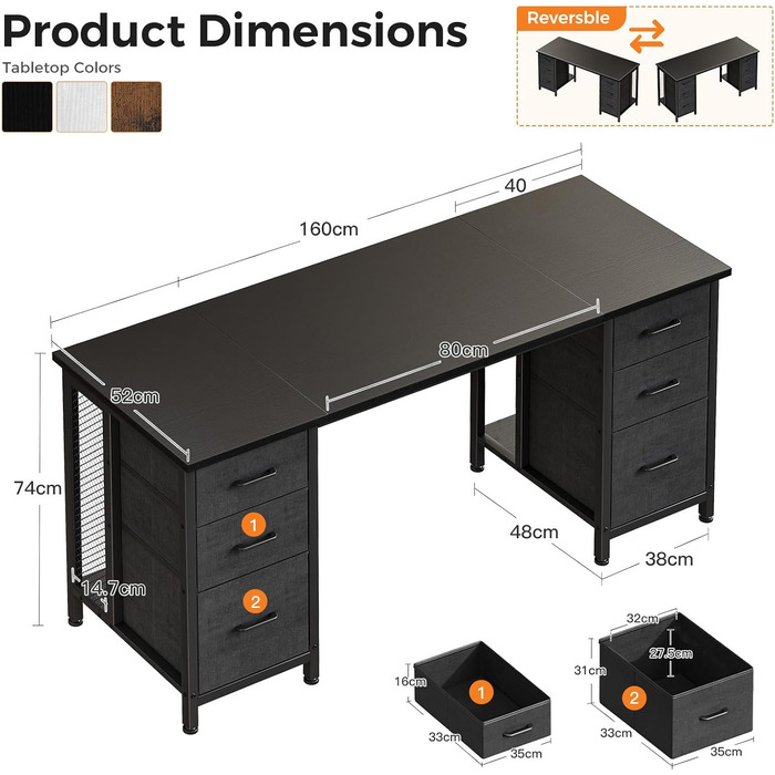 Комп'ютерний стіл Coleshome з 6 висувними ящиками, 160x52 см, білий, для дому та офісу