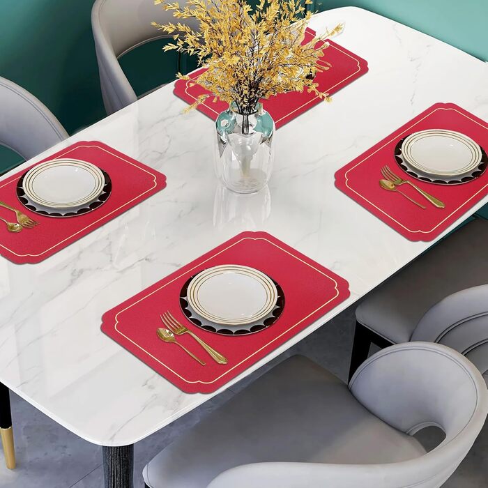 Набори підставки під тарілки Fanquare, 6 шт., зелені, прямокутні, з екошкіри, з золотим кантом. Стійкі до нагрівання, миючіся, антиковзаючі підставки для обіднього столу, весільної декоації. Розмір 45 * 30 см.