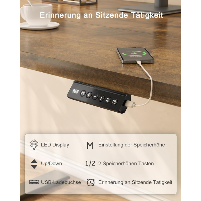 Електричний стіл JUMMICO 100x60 см з USB-портом для зарядки, регулювання висоти, коричневий