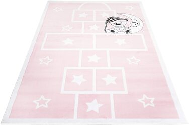 Дитячий килим TAPISO, дитячий килим з коротким ворсом, сіро-білий, рожевий, синій, сіро-коричневий, з квітами, місячний кролик, сучасна дитяча кімната (180 х 250 см, рожево-білий)