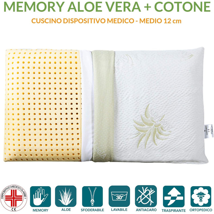 Ортопедичні подушки EVERGREENWEB 2 шт. з в'язко-еластичної піни (віскошауму) 40x70x12 см, з чохлом з алое вера. Зроблено в Італії. Медичний пристрій.