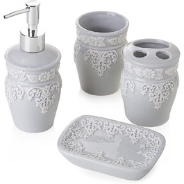 МОНТЕМАДЖІ, керамічний набір для ванної з 4 предметів світло-сірого кольору, включаючи дозатор, тримач для зубної щітки, чашку і мильницю