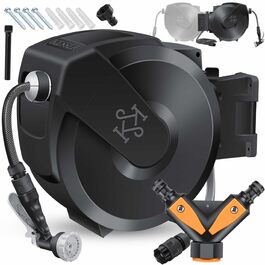 Шланг для саду KESSER® 35м з автоматичним підйомом | Шланг для поливу з тримачем для стіни | Водопровідна коробка для стіни з ручною лійкою 7-функцій | Антрацит/Чорний