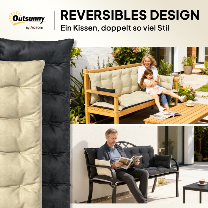 Набір подушок для вуличного використання на лавку або гамак-крісло, двокольоровий, поліестер, піна, 180 x 110 x 8 см, бежевий + чорний