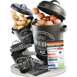 IDEALTASTIC® Преміум Коробка для зберігання картоплі [3 шт] | Набір з 3 контейнерів для картоплі, цибулі та часнику з системою 360° вентиляції для свіжості | Чорний