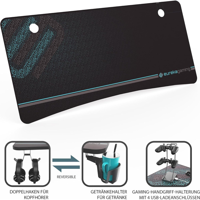 Ігровий стіл EUREKA ERGONOMIC 152x70 см - великий комп'ютерний стіл для геймерів з підставкою для навушників та тримачем для напоїв, чорний