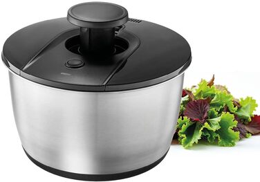 Салатниця GEFU з кришкою для зберігання, 3л, пластикова чаша з вбудованим ситом та ручним приводом, чорно-сіра