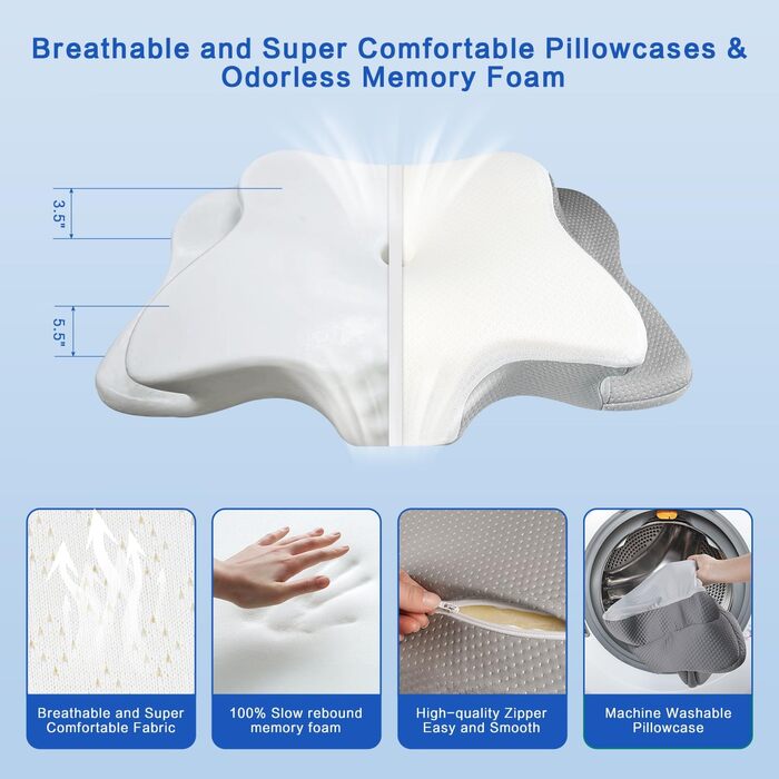 Подушка для шиї та плечей QIUBABYO з memory foam, ергономічна подушка для сну на боці, спині та животі з чохлом