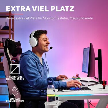 Ігровий стіл Trust Gaming GXT 709W Luminus RGB з підсвічуванням LED, 10 режимів, USB, білий, з тримачем для навушників та напоїв, 120 x 60 см