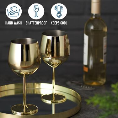 Набір з 6 елегантних келихів для вина з нержавіючої сталі Oak & Steel (540мл) - міцні, незламні, подарунковий набір для днів народжень, весіль, Різдва (золотий)