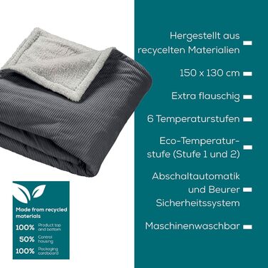 Електрична ковдра Beurer HD 80 з 6 рівнями нагріву, автоматичним вимкненням та системою безпеки, з матеріалів вторинної переробки, Cord Dark Grey