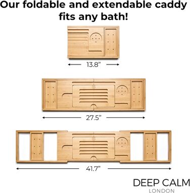 Підставка для ванни Deep Calm - регульована бамбукова підставка - антиковзаюча підставка для ванни. Підходить для більшості ванн. Місце для книги, iPad, телефону, склянки, свічки (натуральний бамбук)