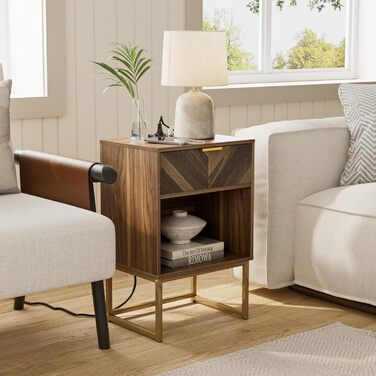 Приліжкові столики з відкритим відсіком, журнальний столик для спальні та вітальні (горіх) (30 x 40 x 60 см з розеткою, горіх)