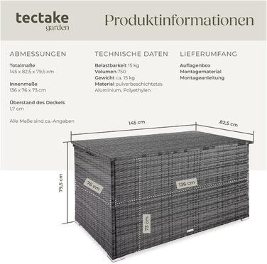 Скриня для зберігання садових речей Tectake з поліротангу, 750 л, чорна - водонепроникна, з газовими амортизаторами, 145x82.5x79.5 см