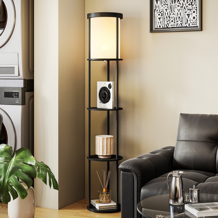 Стійка лампа HOMCOM з 3 полицями, кругла форма, пульт дистанційного керування, вимикач на підставці, регульована колірна температура світла, для вітальні, чорного кольору