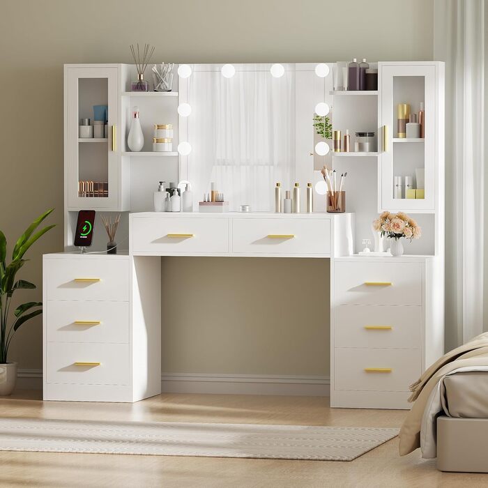 Великий туалетний столик ANWBROAD з LED-підсвіткою (3 кольори), розетками, дзеркалом та 8 висувними ящиками. Сучасний дизайн, колір - білий, розмір 150x135x40 см. Модель BDT67W