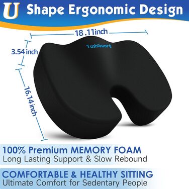 Подушка для офісного крісла TushGuard, Memory Foam, чорна, X-Large - для спини, куприка, ішіасу, куприка, полегшення болю