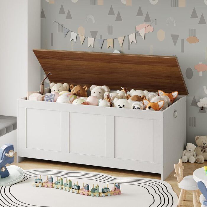 HOOBRO Лавка з ящиком для іграшок, 100 см, білий + натуральне дерево, з безпечним шарніром, для передпокою