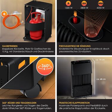 Газовий обігрівач KESSER® 4200W з керамічним нагрівачем, газовий нагрівач, інфрачервоний нагрівач, чорний. Підходить для бутан/пропан до 15кг