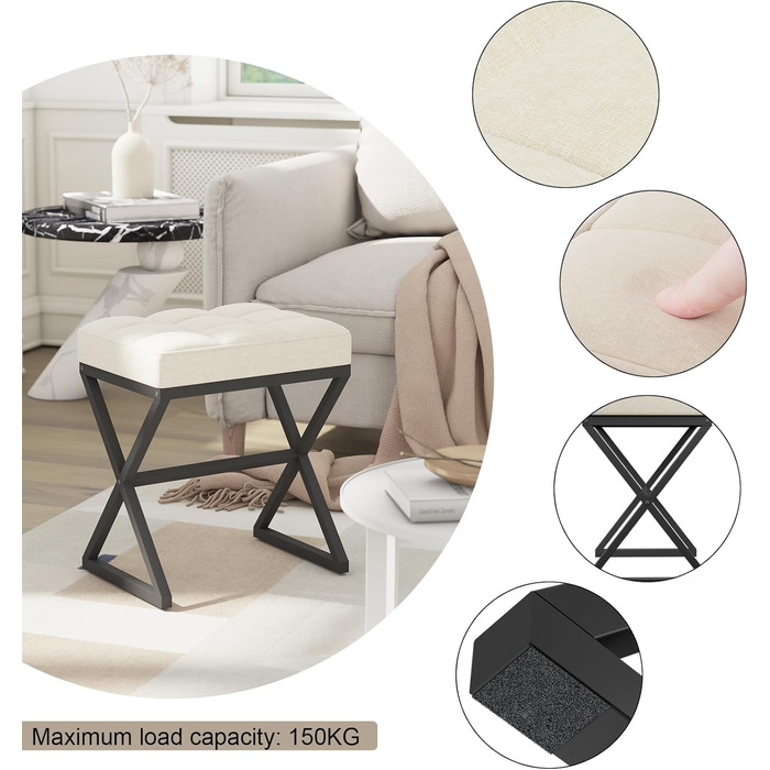 Пуф для макіяжу YMYNY, пуф-табуретка з льону, пуф для туалетного столика з металевими ніжками X-подібної форми, 40x30x46 см, бежевий (HBD033G)