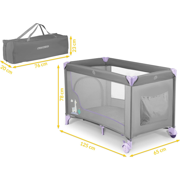 Дитяче ліжечко для подорожей Ricokids, портативне, манеж, 125x65x78 см, вантажопідйомність 15 кг, складне, два колеса з гальмами, знімний бічний вхід, матрац, сумка, сірий (лавандово-сірий)