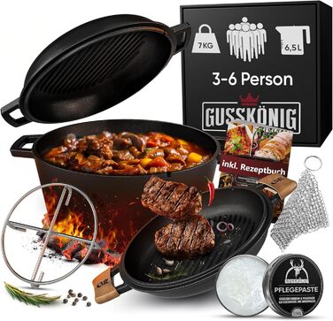 Нідерландський горщик 2в1 з чавуну 4.8L + сковорода з чавуну 1.8L - Набір нідерландського горщика з подвійною функцією - з кулінарною книгою та аксесуарами для барбекю, кемпінгу та кухні - 30 років гарантії (2в1 горщик + паста для догляду)