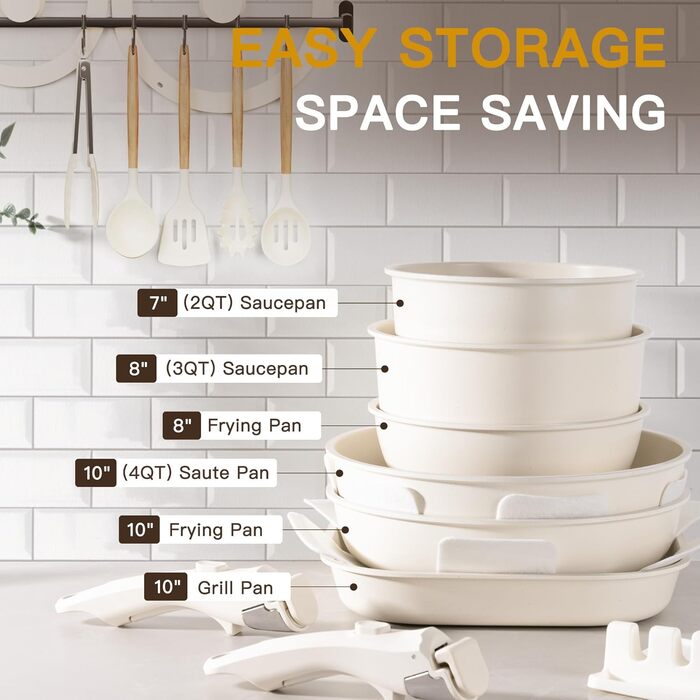 Набір посуду Astercook 23 шт. з керамічним покриттям, знімні ручки, індукційний, піч-безпечний, кремово-білий