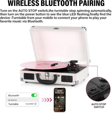 Портативний Bluetooth-програвач вінілу 3-швидкісний з вбудованими динаміками, RCA, AUX, MP3, для смартфонів (Weiß)