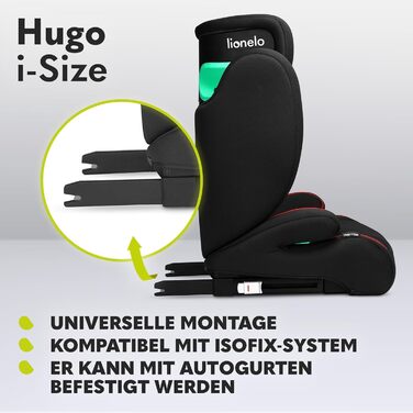 Автокрісло Lionelo Hugo R129 (100–150 см) – ISOFIX, 8 положень підголівника, Memory Foam, бічний захист, комфортні підлокітники (Чорно-червоний, I-SIZE)