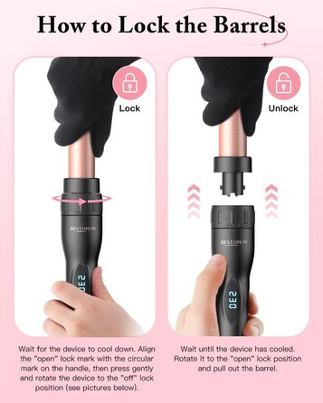 Набір для створення локонів BESTOPE PRO 5 в 1 з LED-дисплеєм: 3 насадки, регулювання температури, рукавичка, кліпси, рожеве золото