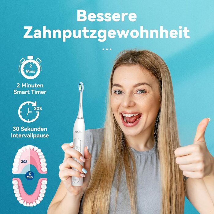 Електрична зубна щітка Lächen Sonic RM-T8B з 4 насадками, таймером, 3 режимами та 3 рівнями вібрації, білий