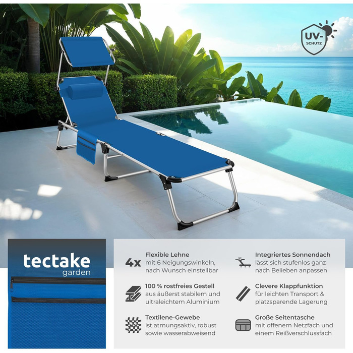 Шезлонг Tectake з дахом, шезлонг для балкона з алюмінію, складаний садовий шезлонг, стійкий до погодних умов, лежак для саду, кемпінгу та пляжу, регульована спинка, подушка для голови, бічна кишеня - сірий меланж (блакитний)