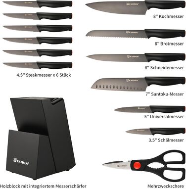 Набір кухонних ножів Katisun 16 шт. з підставкою, японська сталь, з заточувачем, дощечкою та ножицями. Кухонний набір для нарізання, шинкування та різання, стійкий до миття в посудомийній машині, титанове покриття
