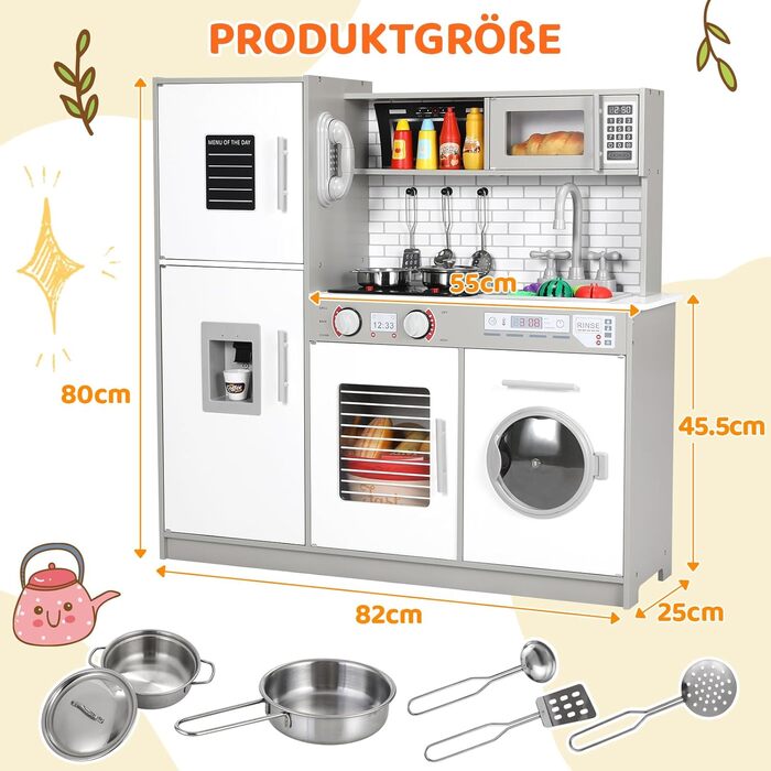 Дерев'яна дитяча кухня MAMIZO з підсвіткою та звуком, 82x80x25 см. Комплектація: аксесуари. Підходить для дітей від 3 років. Білий (сіро-білий) колір.