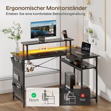 Кутовий стіл HLONONE з LED-підсвіткою та розетками, 110 x 80 см, з полицею, для комп'ютера, геймінгу, офісу, дому, білого (чорного) кольору