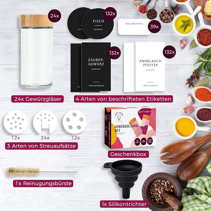 Набір баночок для спецій 24 шт. по 100 мл з бамбуковими кришками та етикетками | Набір для зберігання спецій, баночки для спецій, 24 шт.