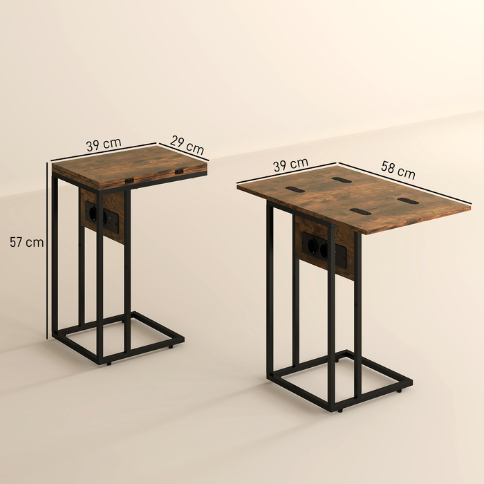 HOMCOM Складний приставний столик з підзарядкою через USB, металевий, 39 x 29 x 57 см, коричневий