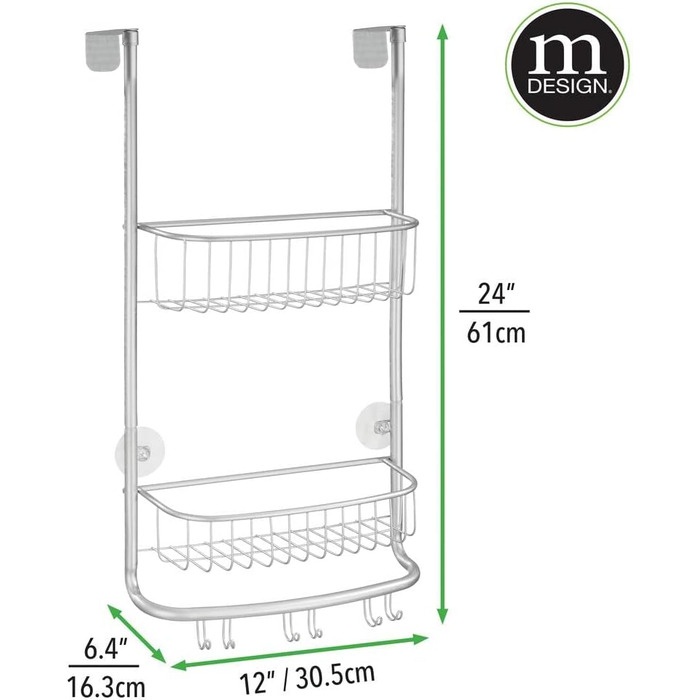 Підвісна душова полиця mDesign - практична металева душова полиця без свердління - 2 підвісні душові кошики з 6 гачками для душового приладдя та бритви - хром сріблястого кольору