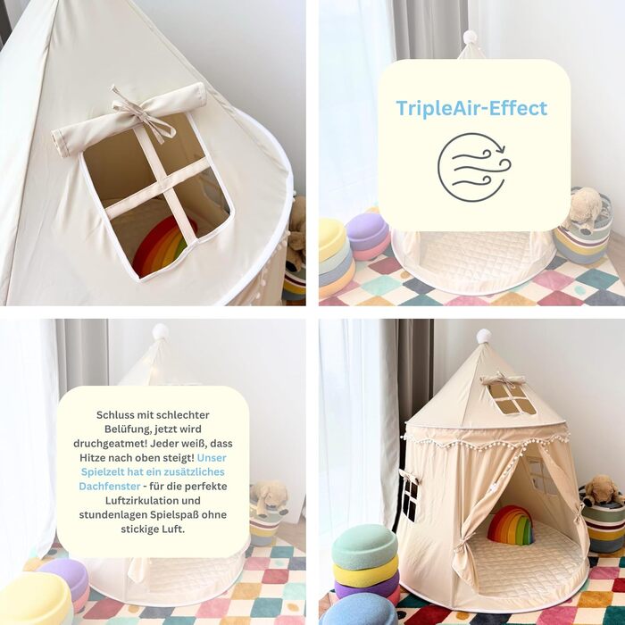 Намет для дітей Tipi з м'якого бавовняного полотна Silky-Cotton | Бежевий, 1 вхід, 3 вікна, Tasche & Bodenmatte | Стабільний намет-іграшка для хлопчиків та дівчаток