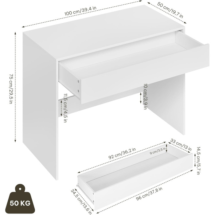 Комп'ютерний стіл з ящиками для дітей та спальні, мінімалістичний дизайн, 100x50x75 см, білий