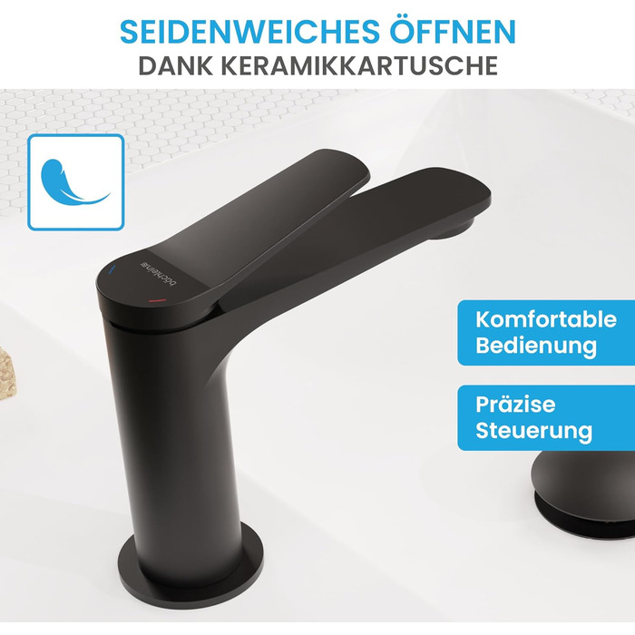 Змішувач для умивальника Bächlein Aldeya чорний матовий з монтажним комплектом, високий однорідний змішувач для накладної раковини