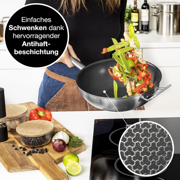 Вафельниця Moritz & Moritz з нержавіючої сталі 30 см з керамічним покриттям нового покоління - підходить для всіх типів плит - антипригарний вок з комірчастою структурою для смаження, тушкування та варіння без кришки