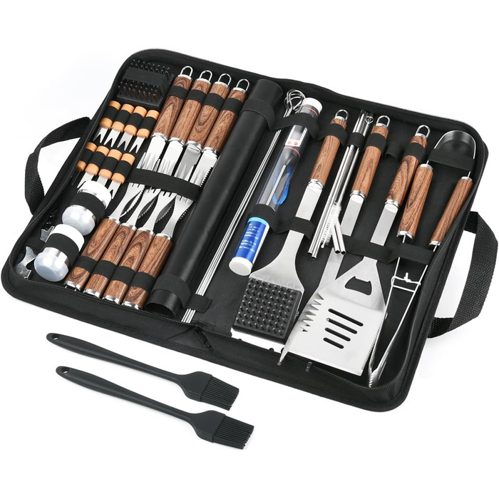 Набір гриля з нержавіючої сталі на 38 предметів, кейс для гриля, подарунок для чоловіків, повний набір інструментів для барбекю, високоякісний набір для гриля для відпочинку на відкритому повітрі