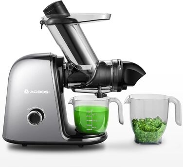 Електричний соковитискач AOBOSI Slow Juicer з 2 швидкостями, для овочів та фруктів, з 8-ступеневою спіраллю, щіткою для очищення та 2 чашами, функція реверсу, сірий