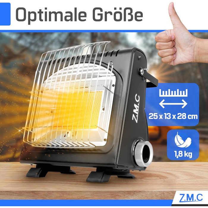 Мобільний газовий нагрівач та плита 2-в-1 Z.M.C. для кемпінгу, тераси, саду та балкону. Керамічний нагрівник 1,7 кВт з Piezo-запалюванням