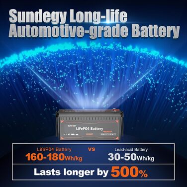 Акумулятор Sundegy LiFePO4 200Ah 12 В, 2560 Втгод, 3000 циклів, захист BMS, не потребує обслуговування, для автофургону, сонячної системи