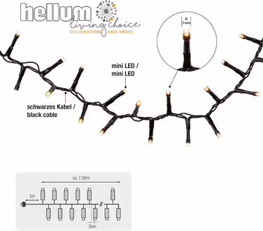 Світлодіодна гірлянда hellum Cluster 7,38 м, 370 LED, тепле біле світло, з таймером, для вулиці та приміщень, електрична, для ялинки, з кабелем