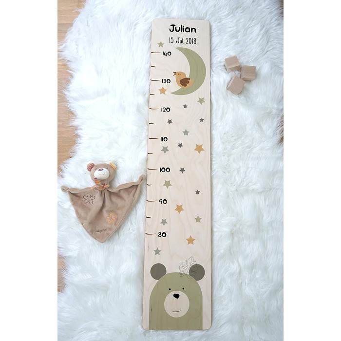 Вимірювальна паличка дитяча дерев'яна, вимірювальна паличка персоналізована з ім'ям для дитячої кімнати, подарунок на день народження для хлопчика і дівчинки, вимірювач висоти дитячий ведмідь з природою місячного дерева